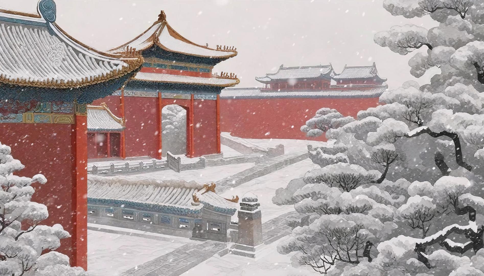 冬天中国风白雪飘飘古建筑背景视频视频的预览图