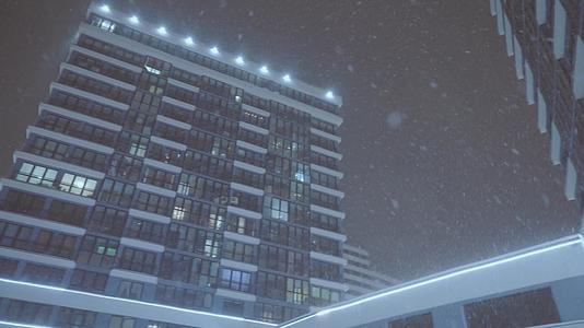 冬季城市公寓新房大雪纷飞的夜晚mp44K视频素材