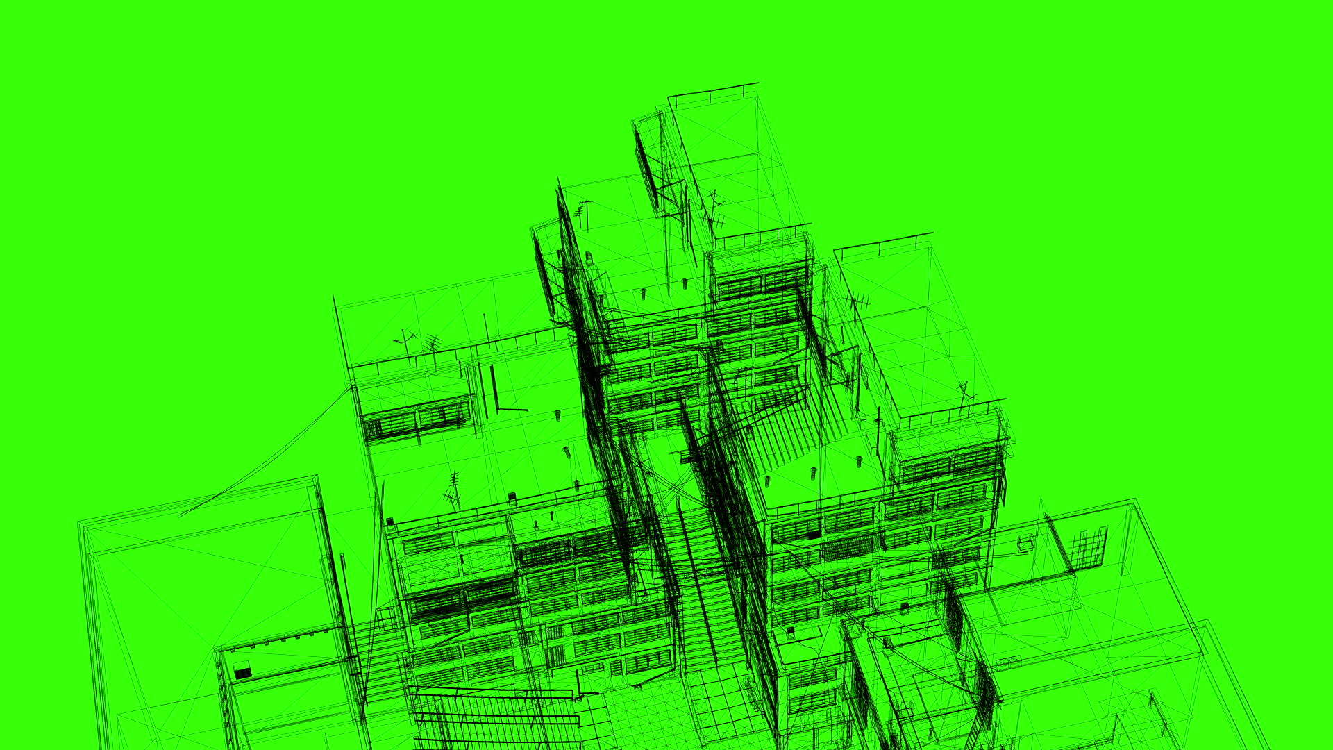 3d绿色屏幕上的工业建筑电线框架模型视频的预览图