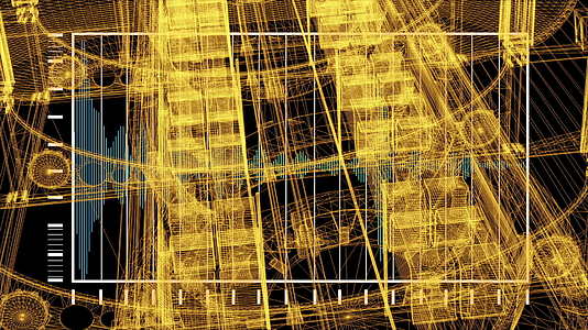 3d铁丝框架模型的工业建筑和全息图风格元件视频的预览图