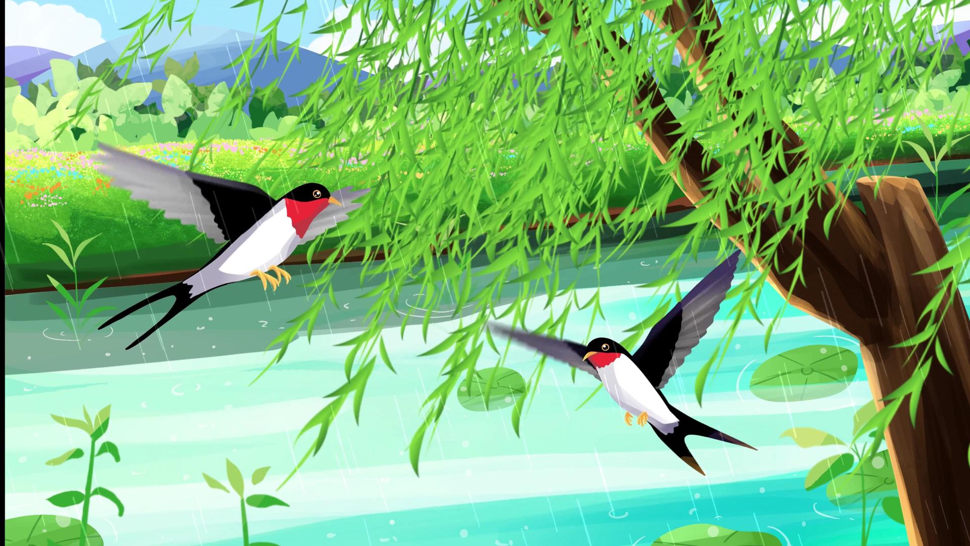 春季植物柳树发芽燕子双飞背景视频视频的预览图