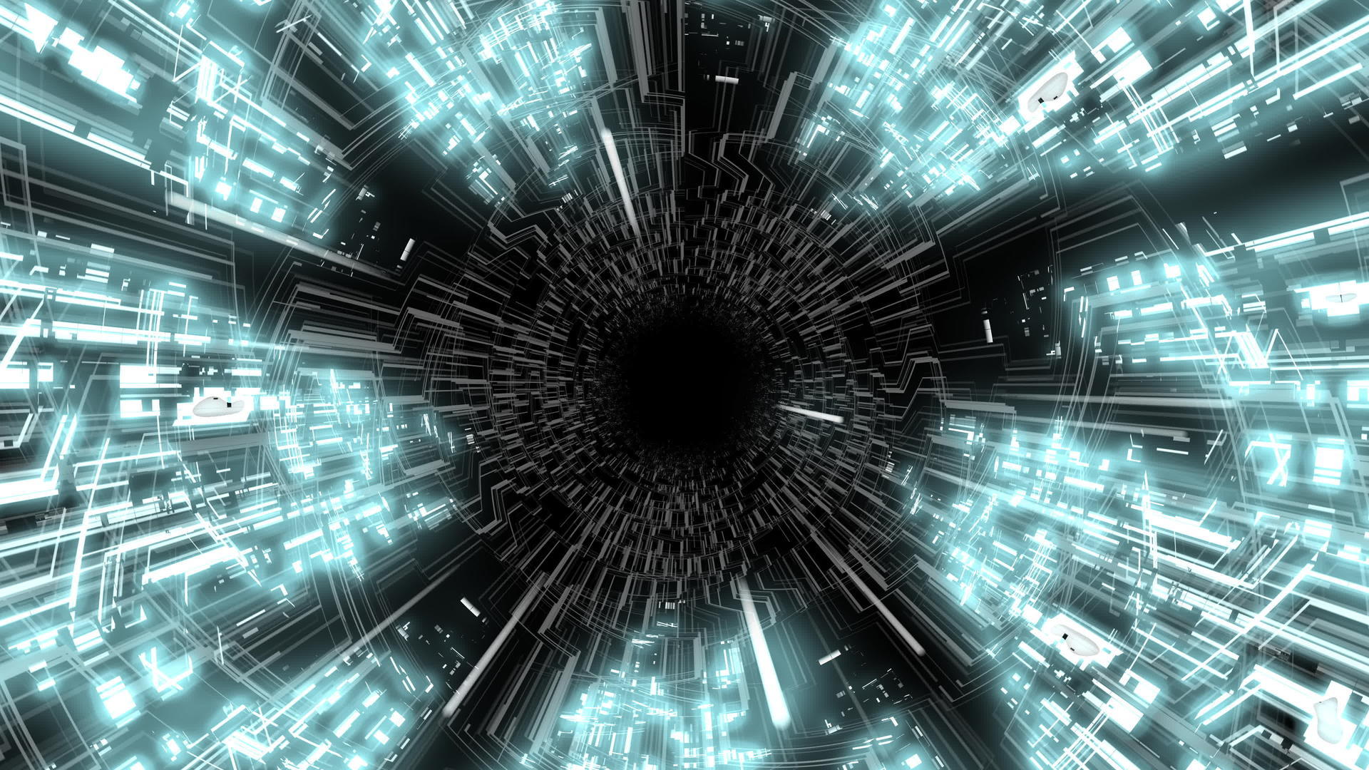 蓝色未来圆环数字隧道波与数字电路板和发光效果视频的预览图