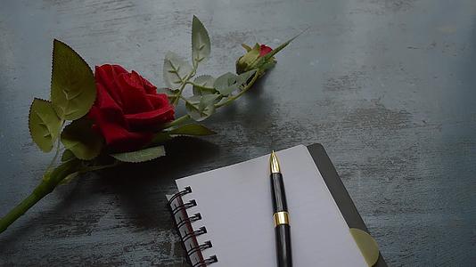 简单的金属地板背景下空白的笔记本笔和一朵美丽的红玫瑰视频的预览图