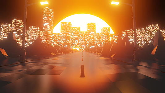 在美丽的日落景色中穿越大城市的第一视角视频的预览图