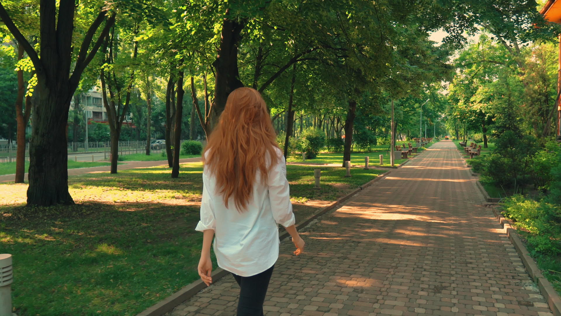 不可辨认的妇女沿着小巷走着绿树和绿树视频的预览图