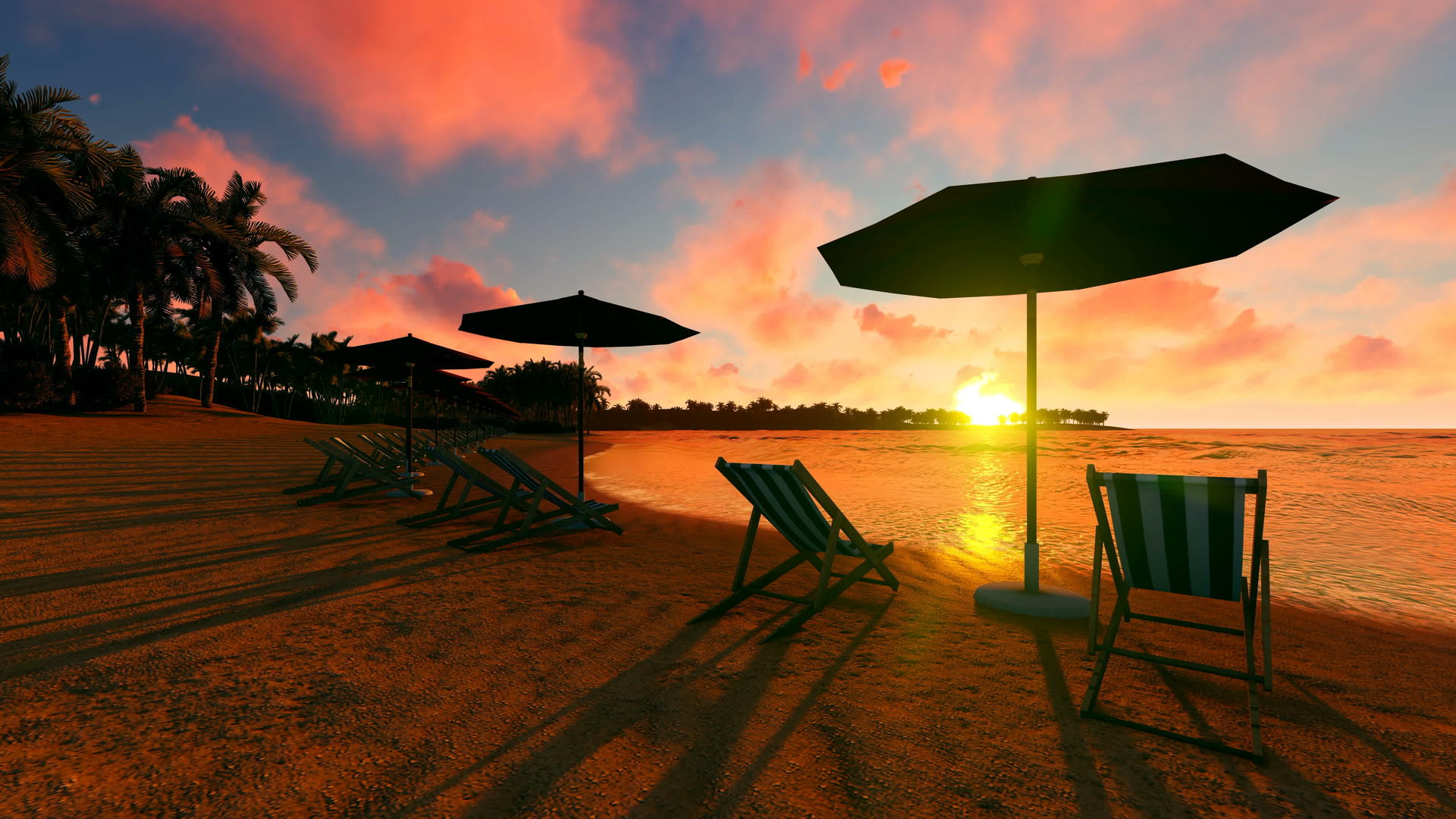 海滩上的日落满是椅子和雨伞视频的预览图