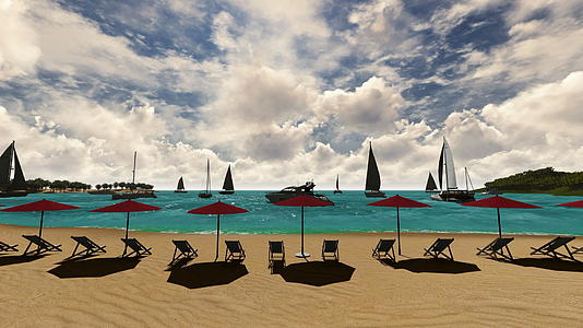 在多云的一天海滩上有桌子、椅子和雨伞视频的预览图