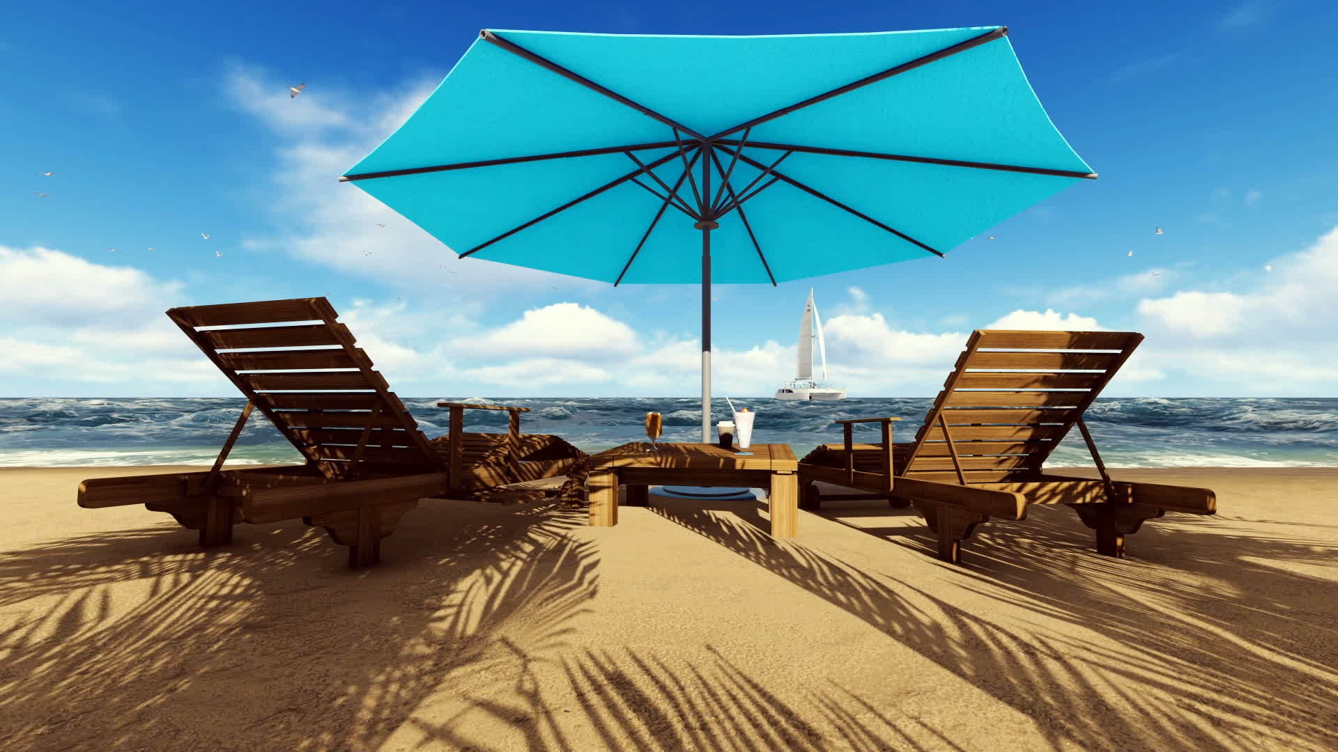 热带海滩海滩有椅子和小屋海鸥飞翔视频的预览图