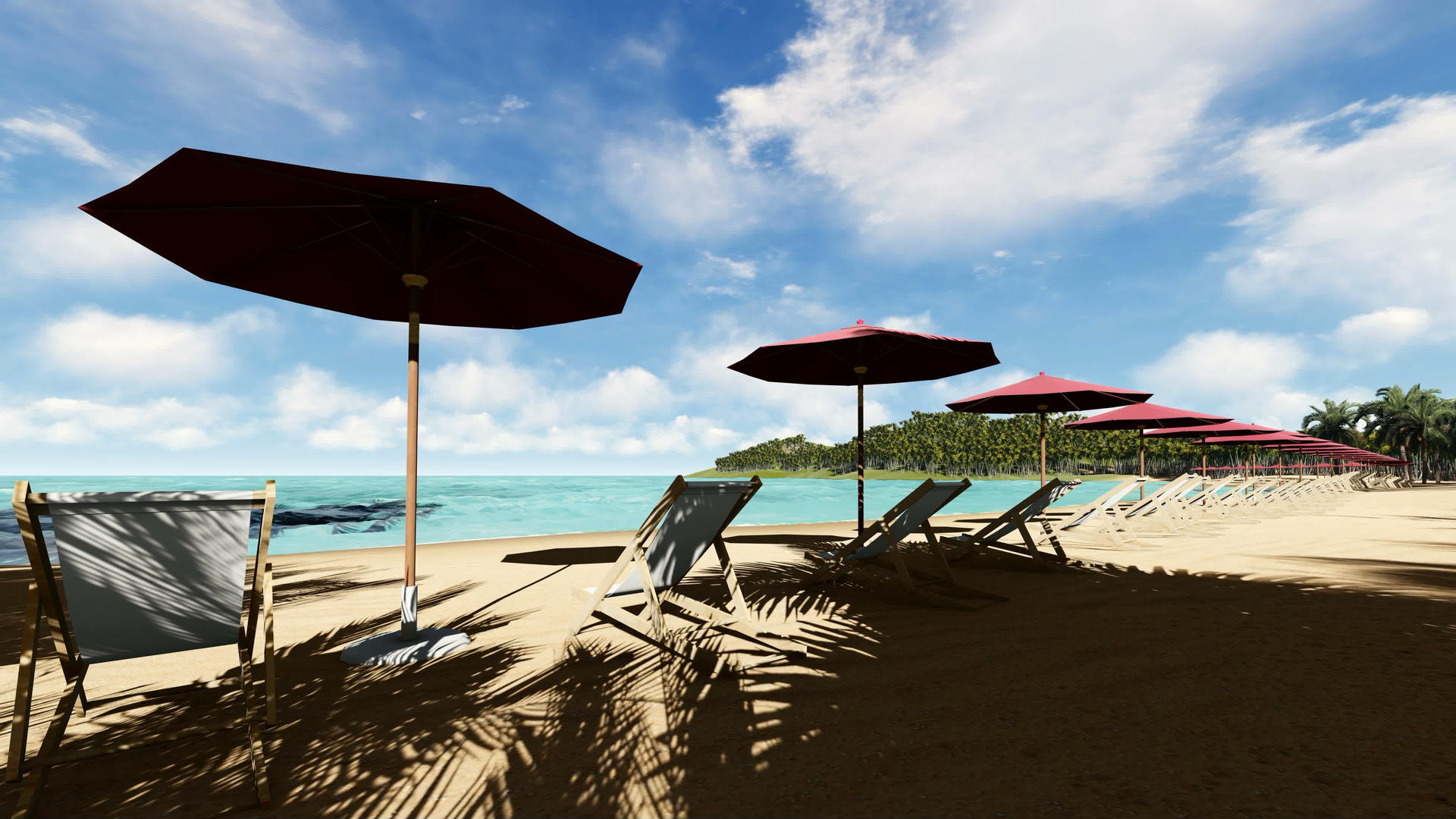 阳光明媚的一天沙滩上的椅子和雨伞视频的预览图