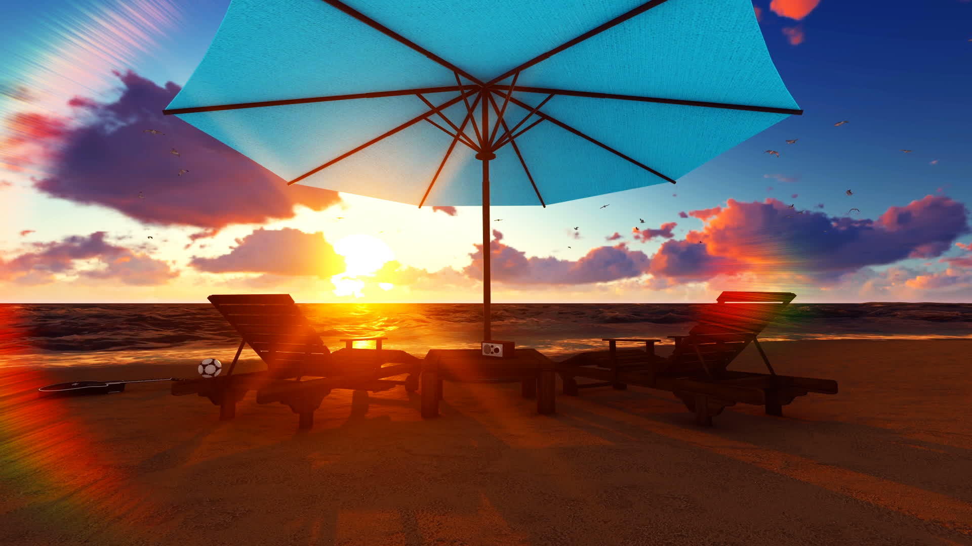 热带海滩日落有椅子和小屋视频的预览图