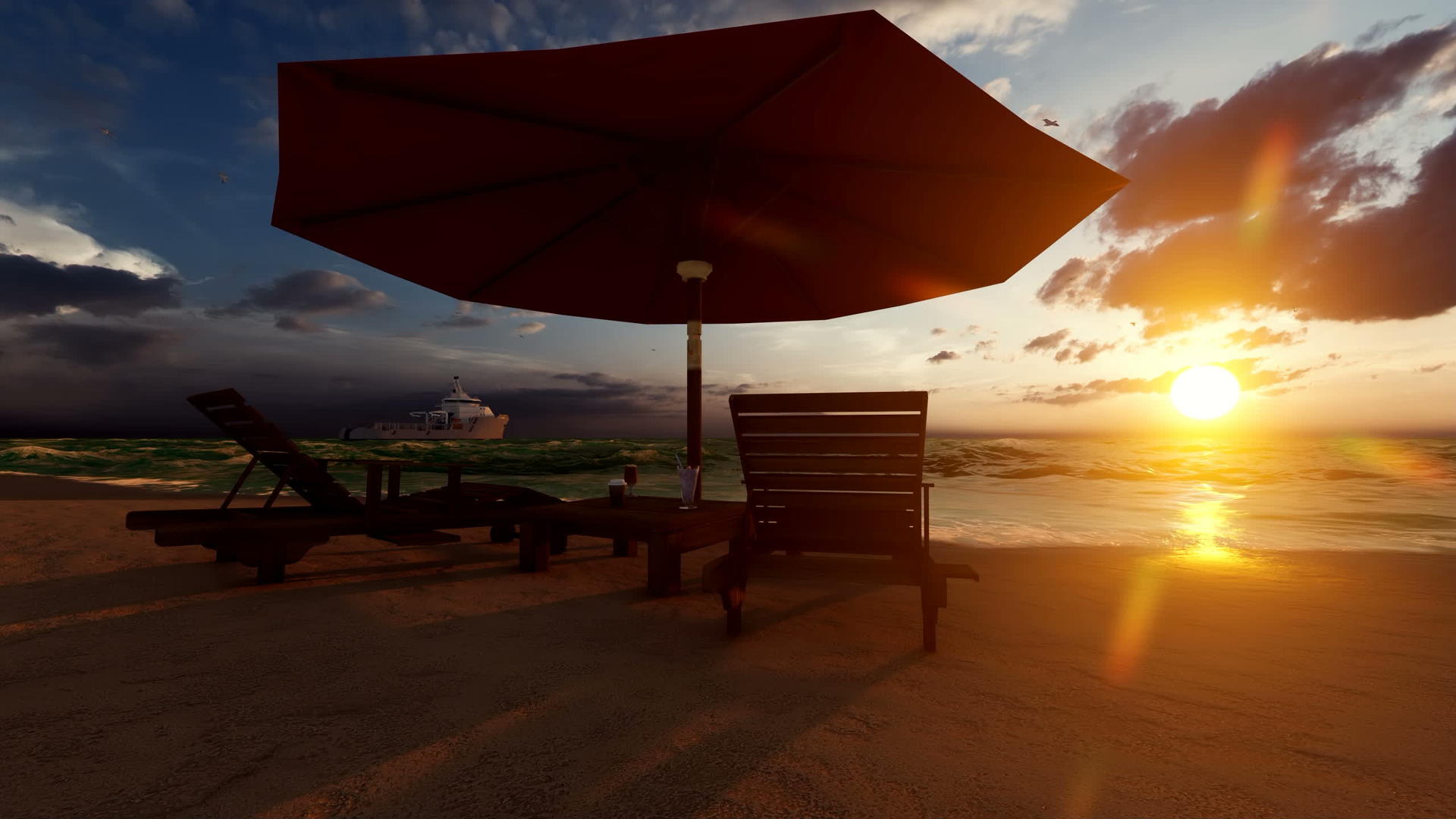 日落时坐在沙滩上的椅子上视频的预览图