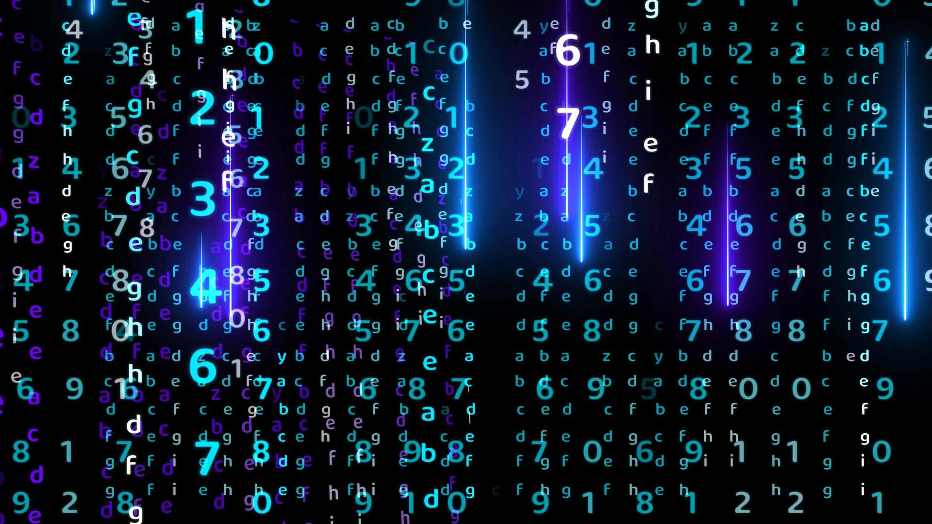 矩阵字母和数字蓝色和紫色激光的抽象光效果落在黑屏上视频的预览图