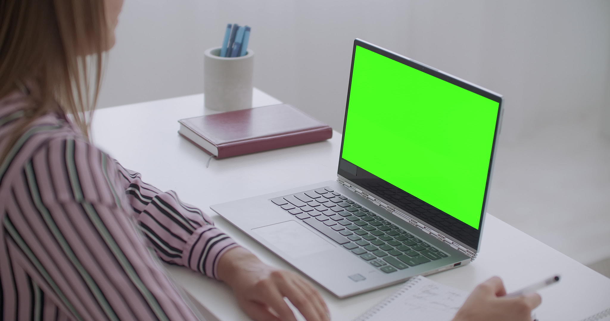 电子教育女性在笔记本电脑上用染色体关键技术观看绿屏视频的预览图