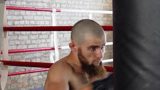 专业男性拳击手用拳击袋训练视频的预览图