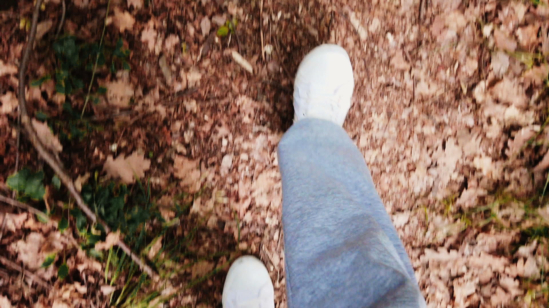 在森林里行走的男人和饼干运动鞋的模糊画面视频的预览图