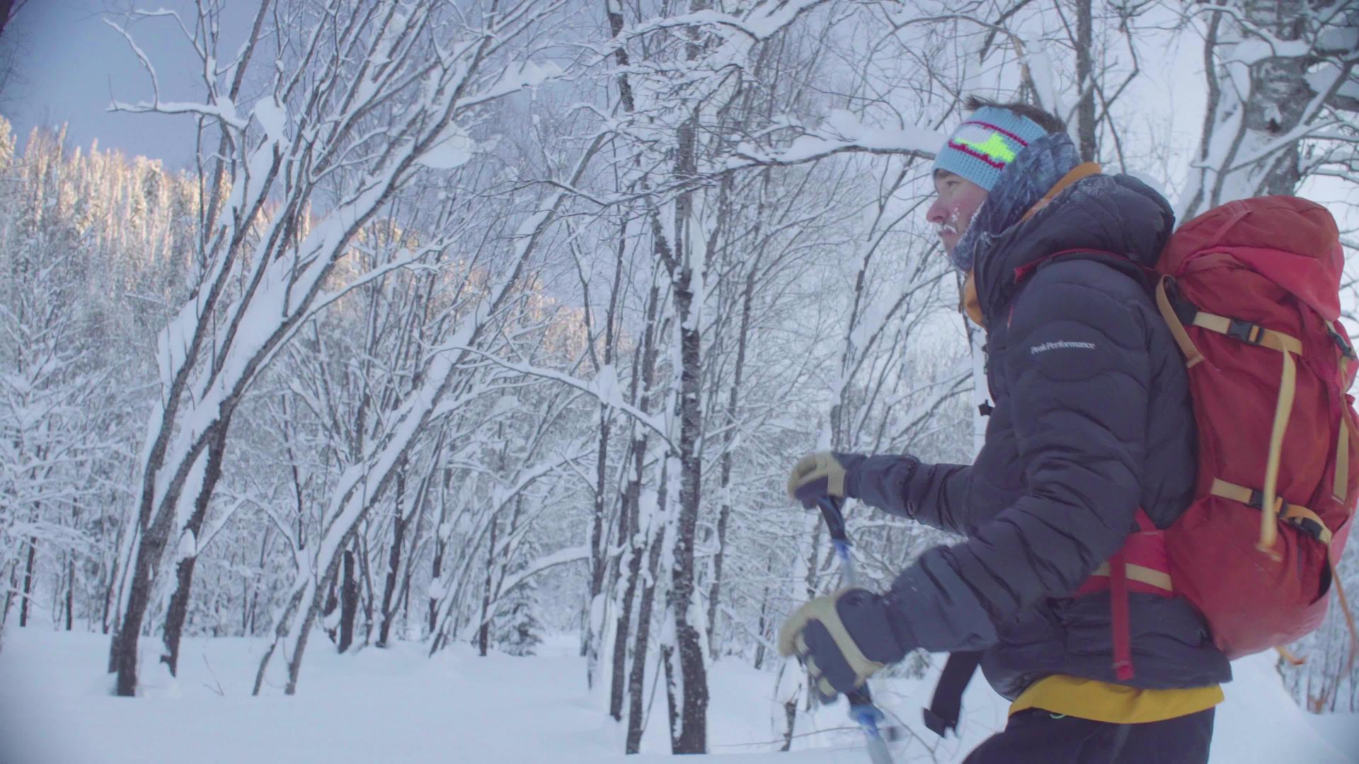 在雪林里滑雪的冷酷男人视频的预览图