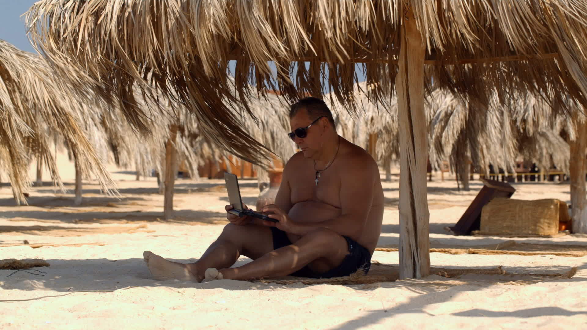 用笔记本电脑在海滩上放松视频的预览图