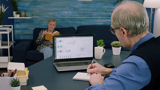 疲惫的老年企业家从笔记本电脑上检查图形视频的预览图