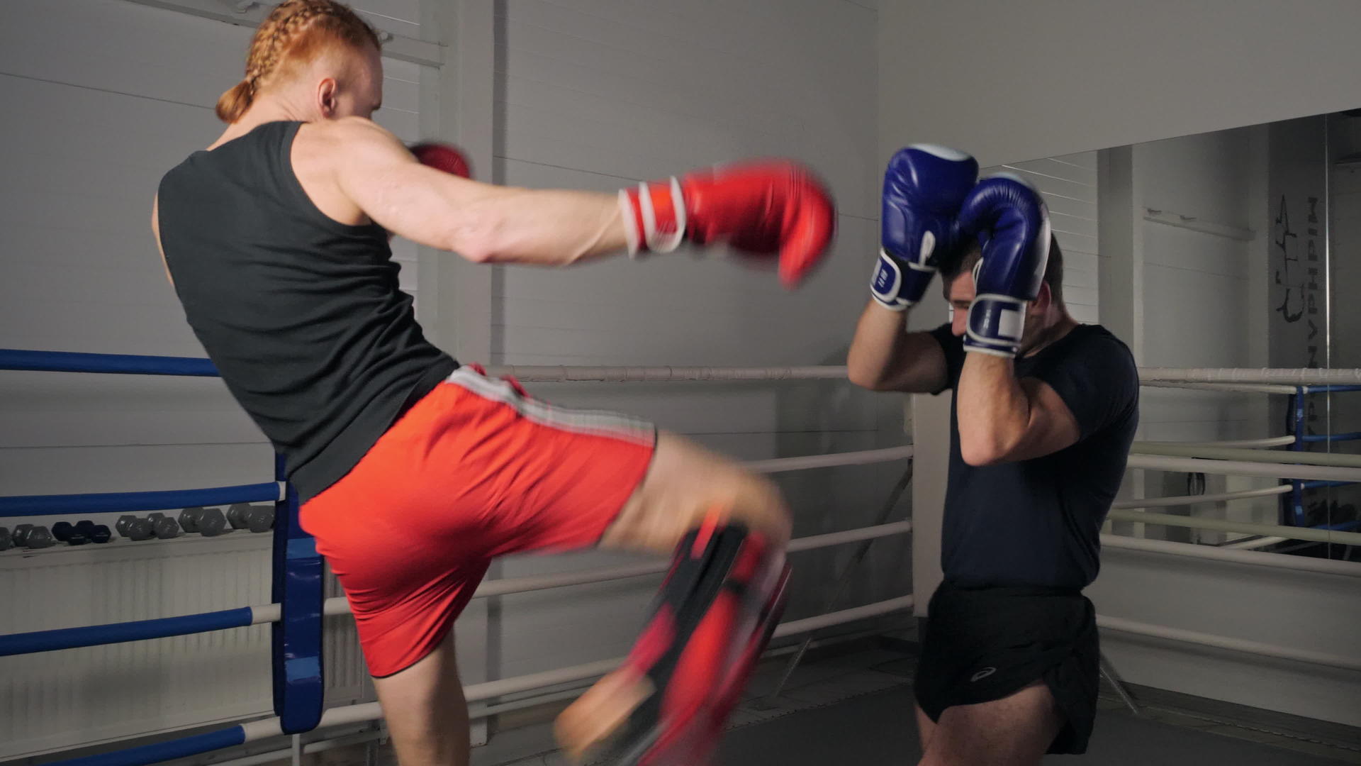 男拳击手在拳击台上训练腿打两个拳击手视频的预览图
