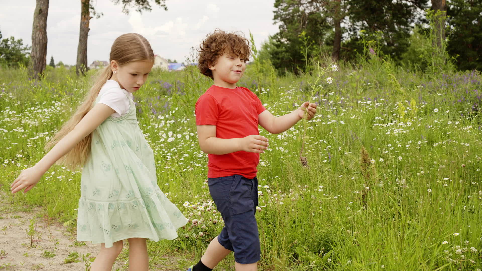 暑假期间男孩、女孩、兄弟姐妹在草地上散步在绿色的草坪上玩耍视频的预览图