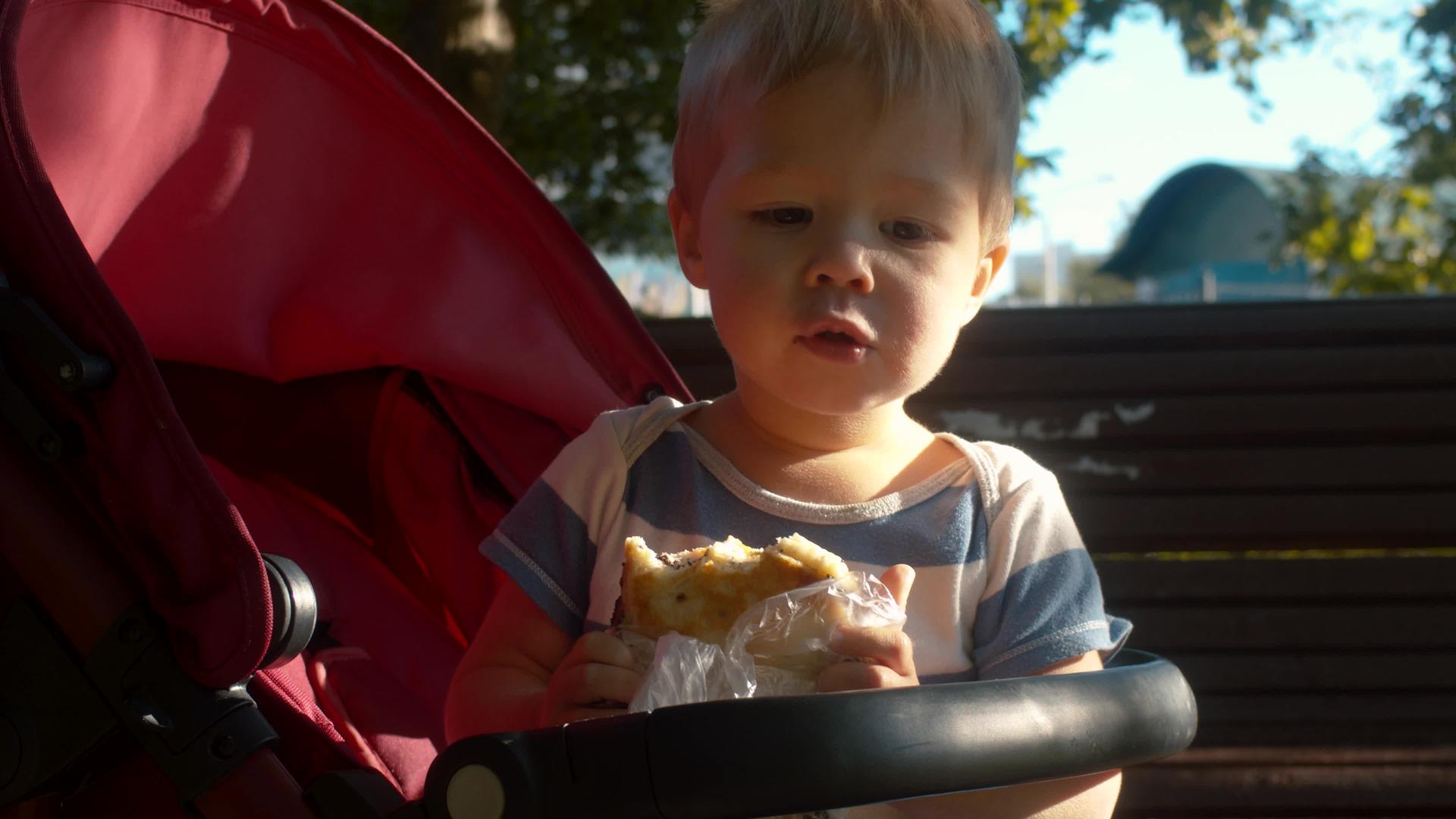 孩子们坐在婴儿车里吃包子视频的预览图