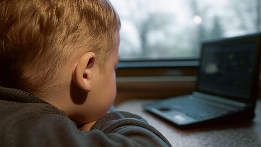 小男孩在火车上看笔记本电脑视频视频的预览图