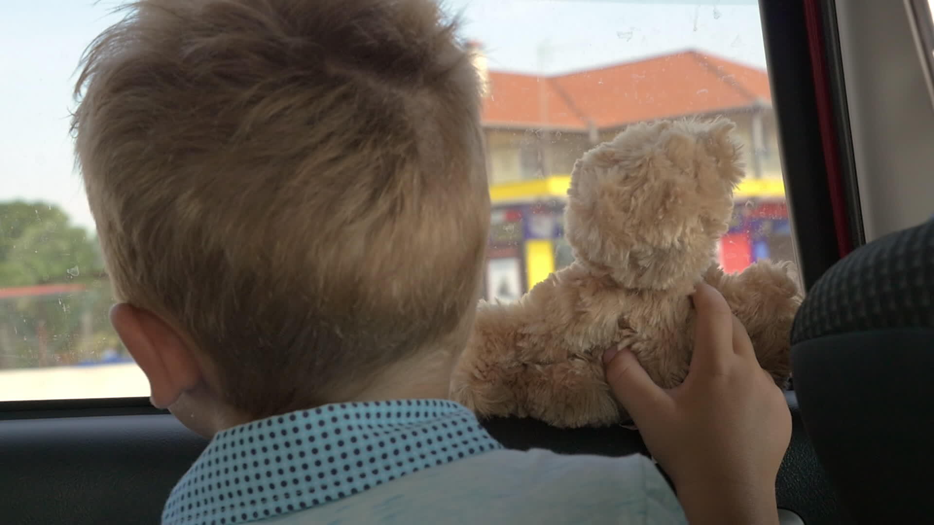 带着泰迪熊的小孩向窗外望去视频的预览图