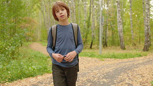 男孩男孩背着背包在秋天的公园里走在绿树的背景下视频的预览图