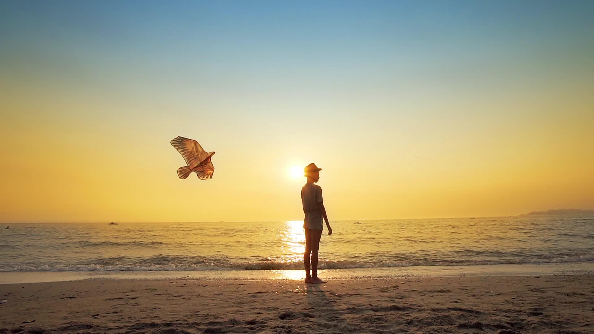 戴着帽子的男孩站在海滩上玩风筝从充满活力视频的预览图