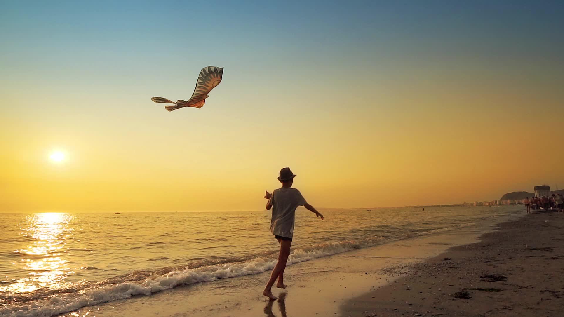 在夏天的背景中一个年轻男孩带着风筝在空荡荡的海滩上奔跑视频的预览图