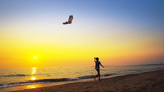 暑假的概念日落时男孩带着风筝在空荡荡的海滩上奔跑视频的预览图
