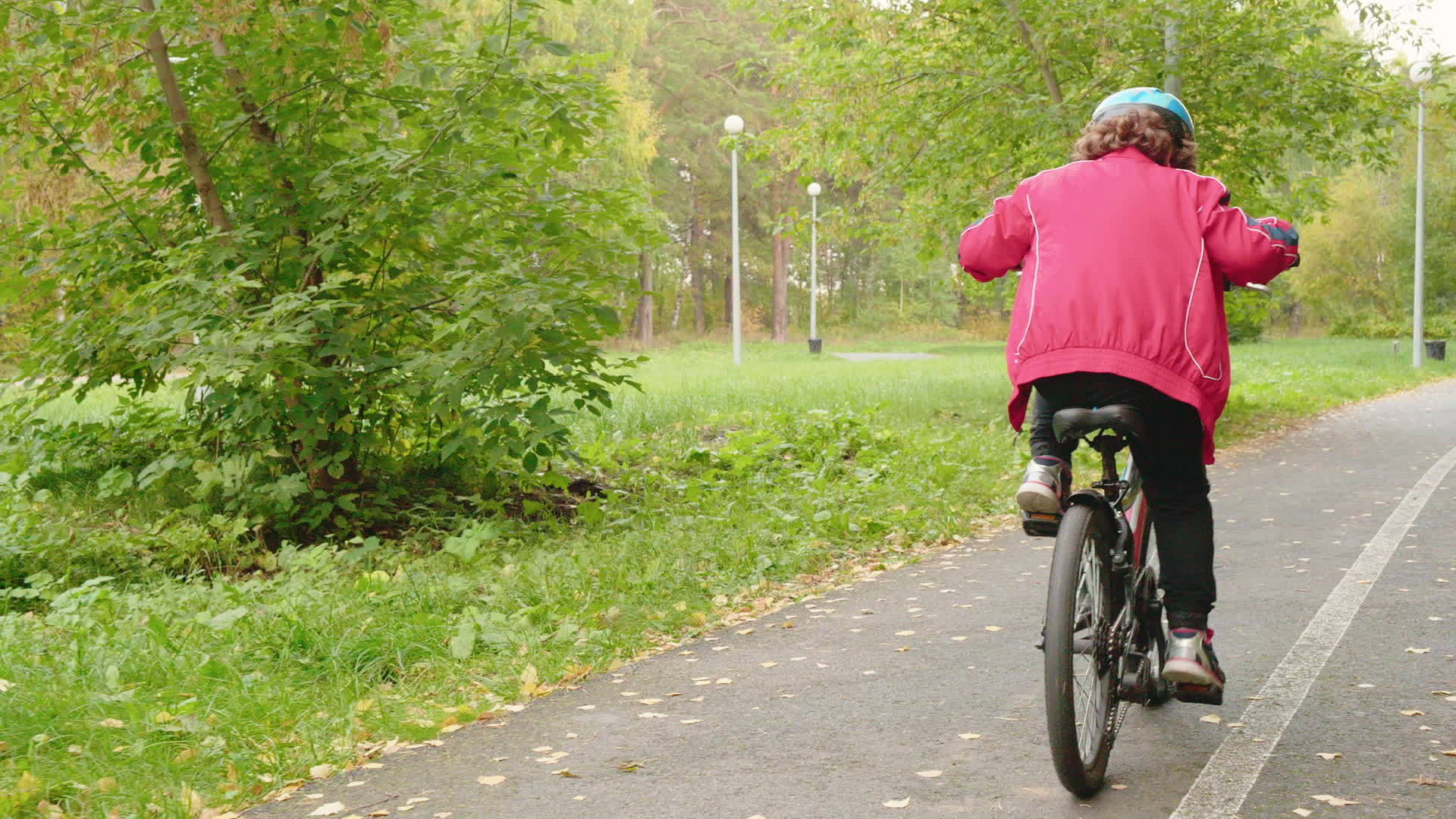 男孩骑自行车的人在秋季公园后视图的小路上骑自行车视频的预览图