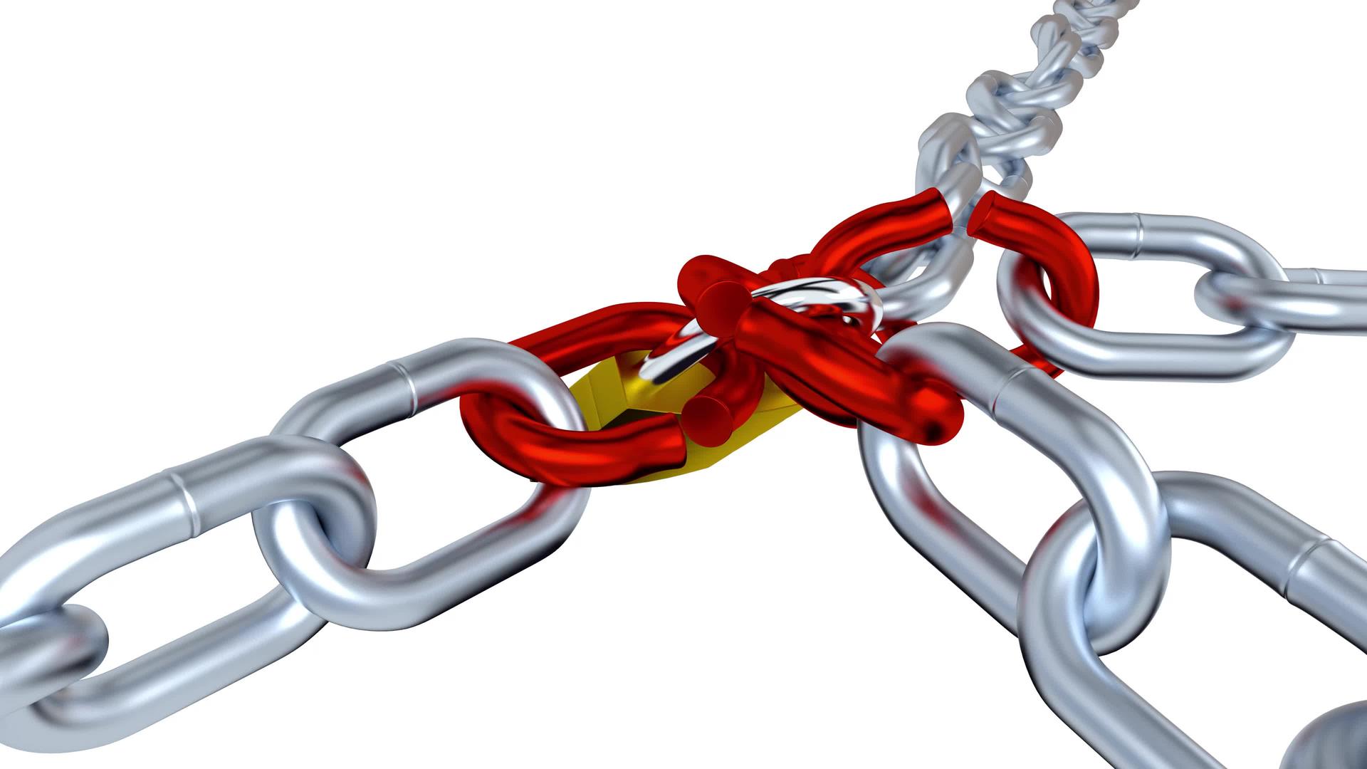 四条金属链的无限旋转带红色应力链用一把挂锁锁定视频的预览图