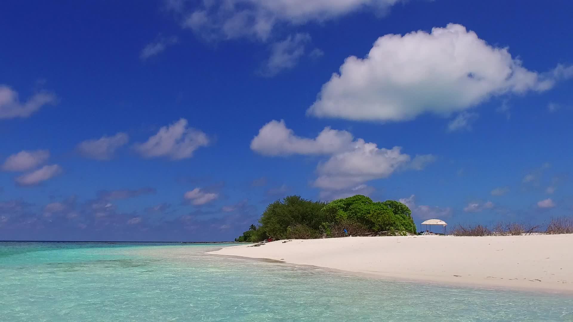 海洋环礁海滩生活方式的浪漫背景蓝海和棕榈树附近的白沙视频的预览图