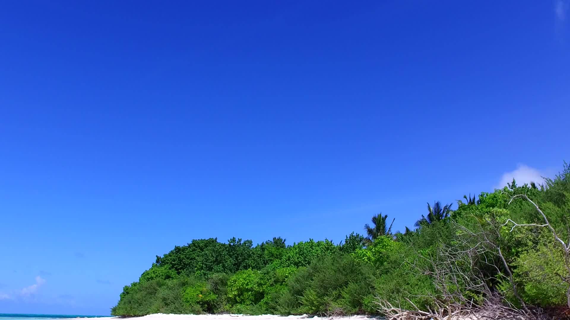 日出后阳光明媚的海岛打破了蓝海和浅沙背景下的海滩视频的预览图