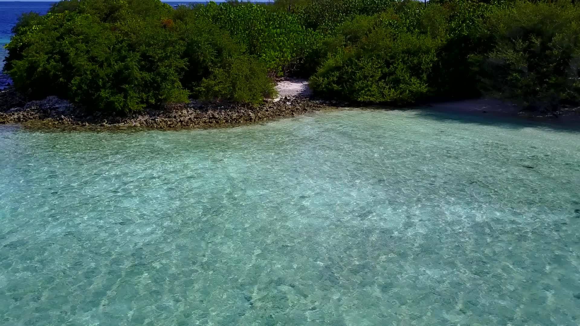 美丽的海岸线海岸海滩的景色沿着蓝色海洋在棕榈树附近的浅沙地上航行视频的预览图