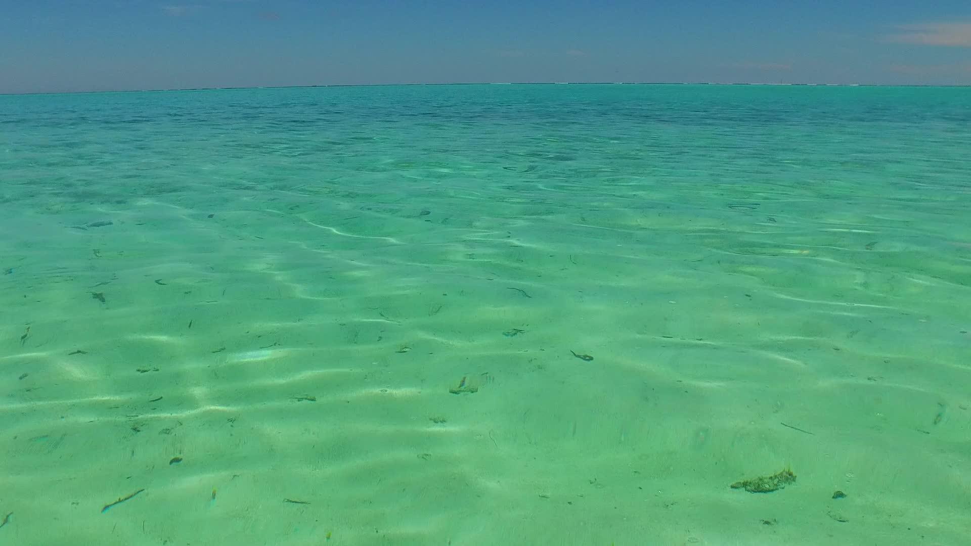 在我们面前的珊瑚礁附近有一个白色的海平面蓝色的海滩背景视频的预览图