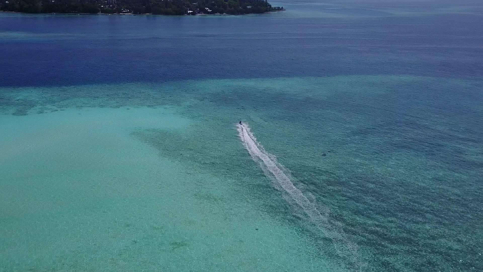 在棕榈树附近的蓝色环礁湖和白色色环礁湖和白色海滩视频的预览图