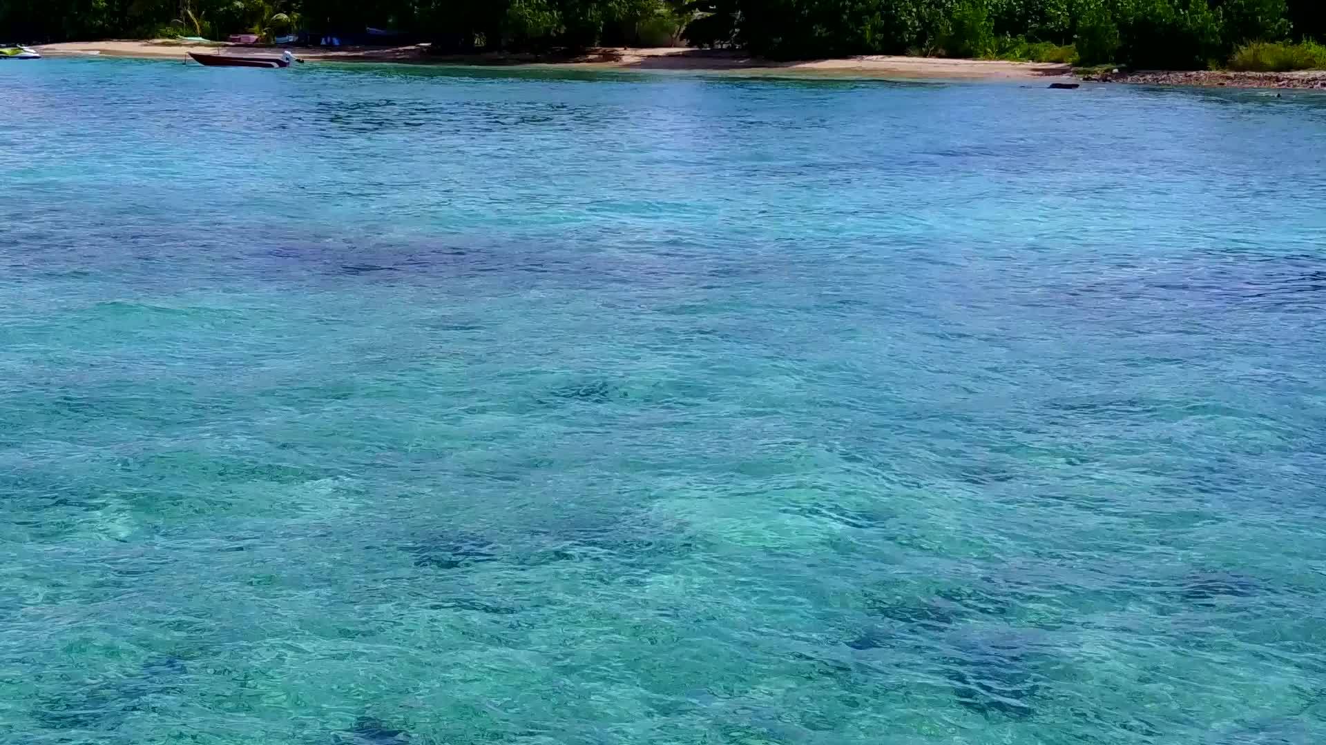 宽角旅游在蓝色的海滩上放松棕榈树附近有一个白色的沙在海湾海滩上度假视频的预览图