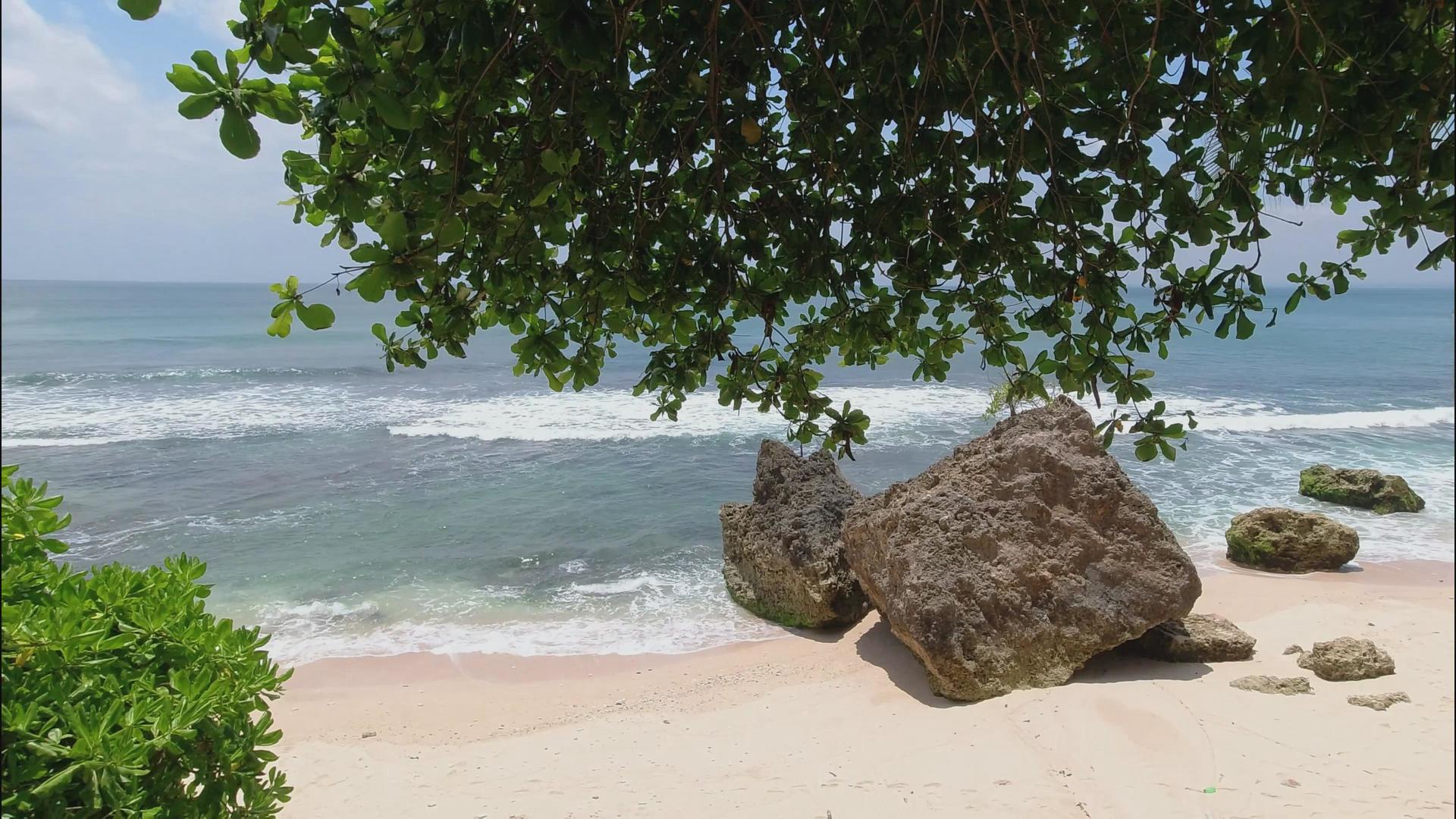 4K海边蓝天碧海礁石绿树高清视频的预览图