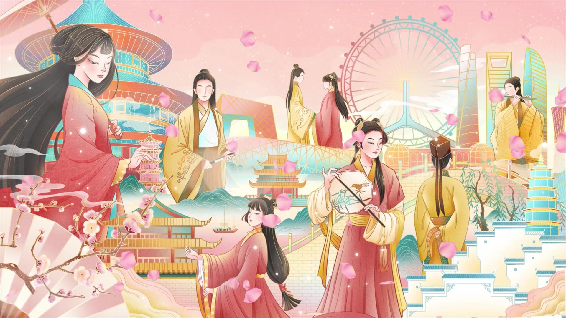 简洁美观上巳节汉服插画背景视频视频的预览图