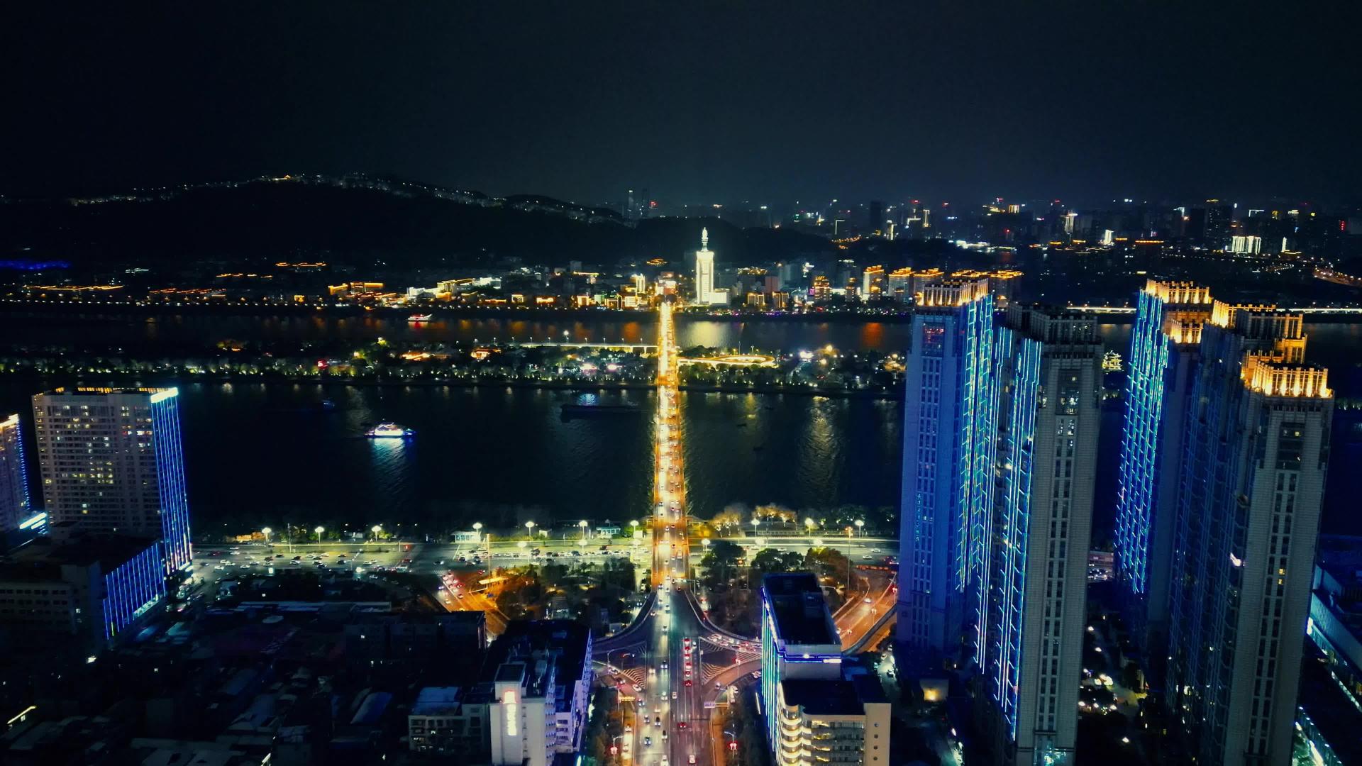 湖南长沙橘子洲大桥夜景照明航拍视频的预览图
