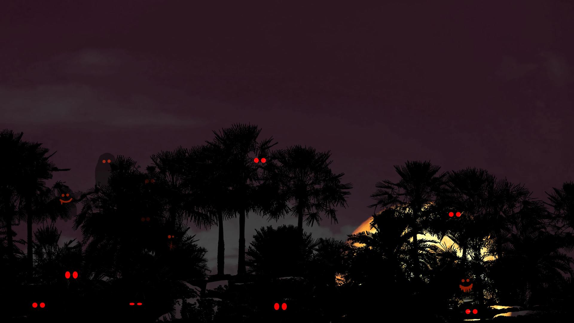 夜空中的圣月血月影棕榈树和鬼魂在鬼魂主题公园视频的预览图