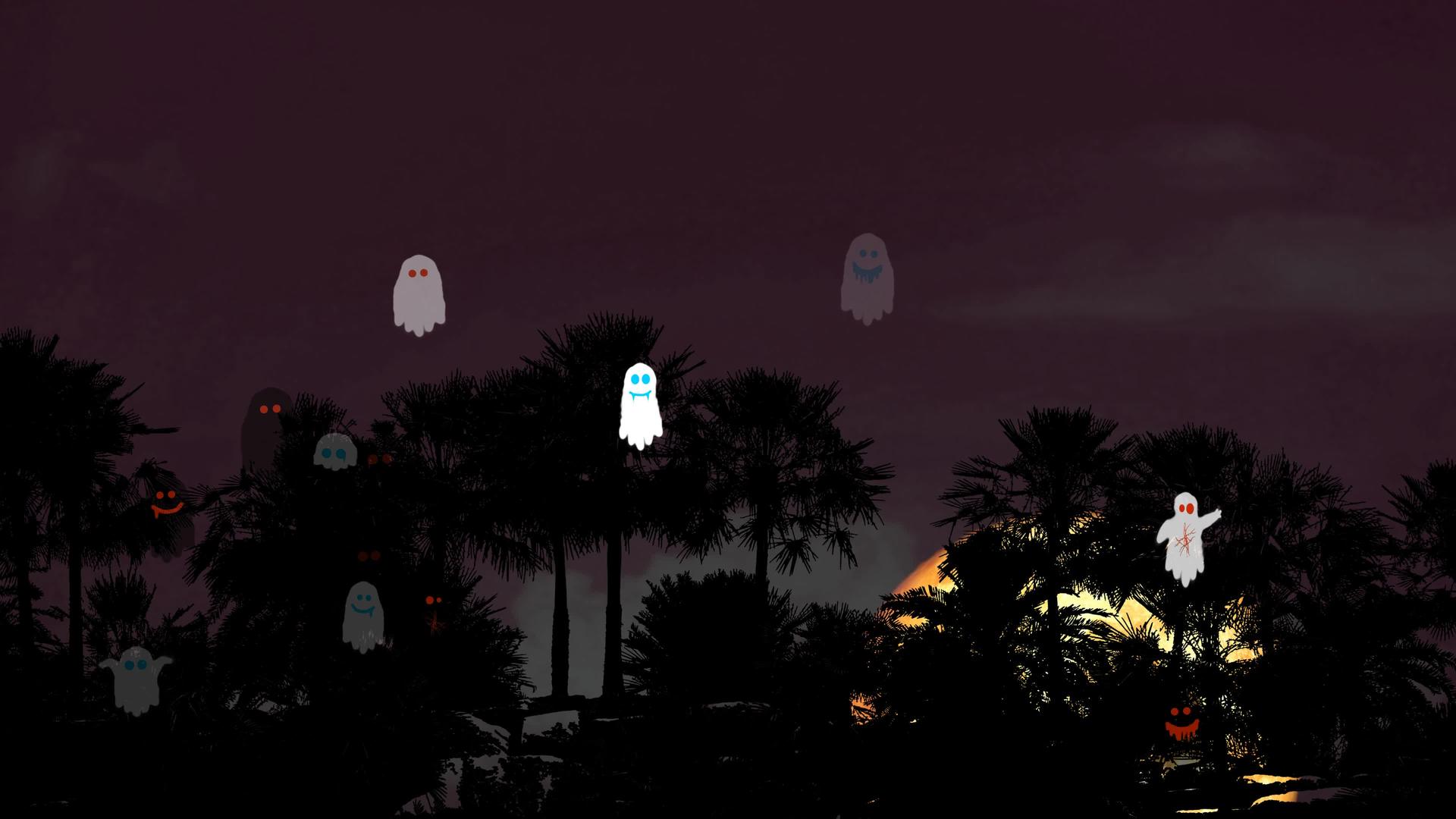 夜空中的圣月血月影棕榈树和幽灵主题公园的派对精神视频的预览图