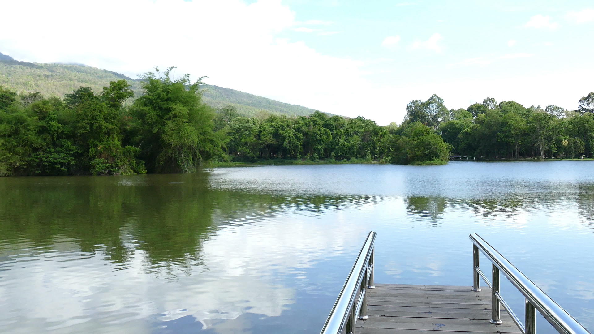 公园里的森林湖泊和山脉的码头和风景视频的预览图