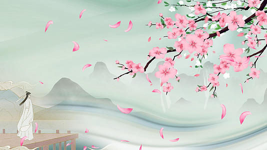 4K中国风清新春山花瓣飘动视频背景视频的预览图
