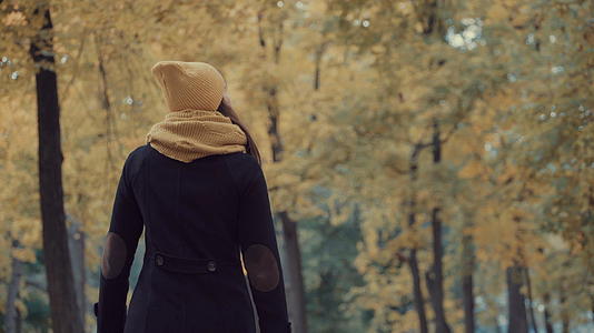 秋天女孩在公园里走来走去视频的预览图