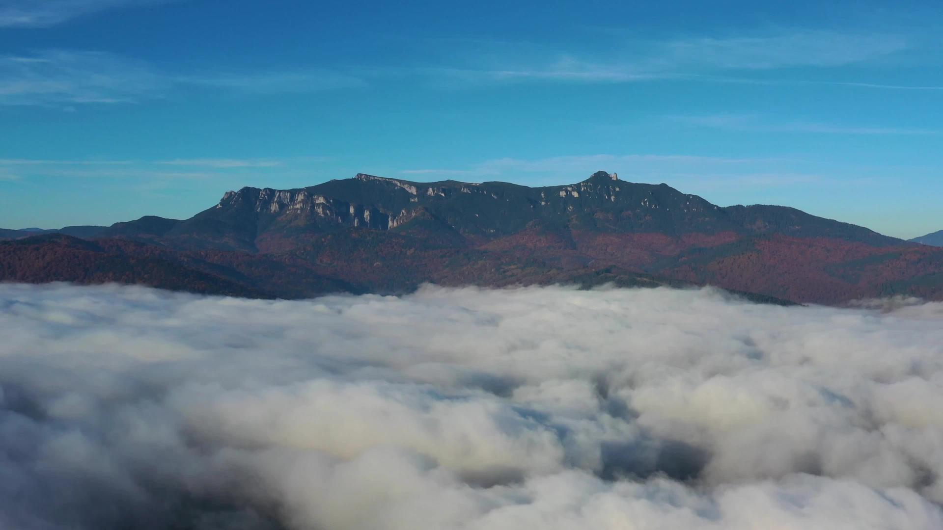 秋天的早晨无人驾驶飞机飞越罗马尼亚喀尔巴阡山脉视频的预览图