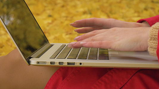 年轻的红色斗篷caucasian女人在笔记本电脑视频的预览图