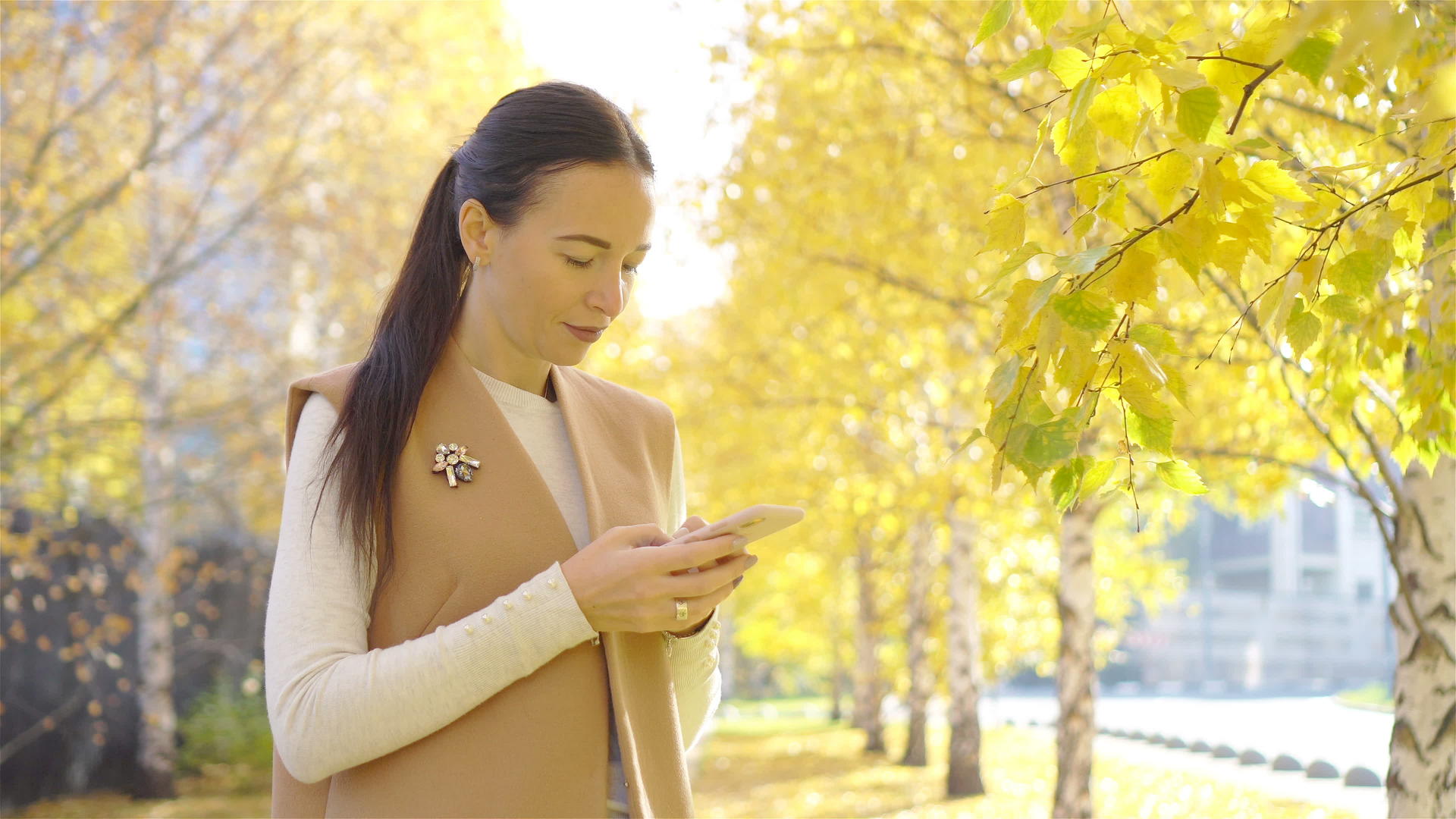 美丽的女人在秋天的公园里喝咖啡在秋天的树叶下喝咖啡视频的预览图